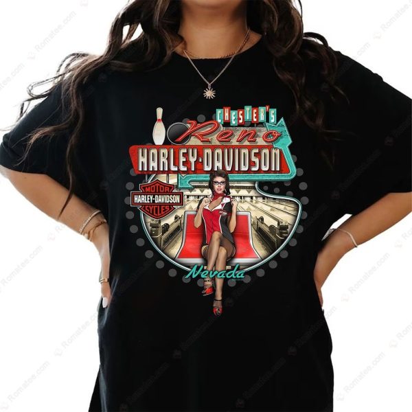 Chester’s Reno Harley-Davidson Pin-Up Girl Graphic Tee with Vintage Nevada Theme