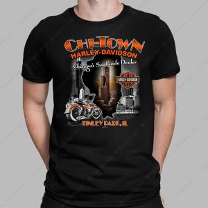 Chi-Town Harley-Davidson Tinley Park Tee with Chicago Skyline and Motorcycle Graphic