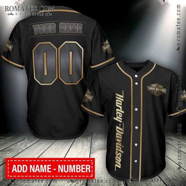 Custom Harley Davidson Name and Number Black Baseball Jersey Shirt with Gold Accents