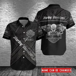 Custom Harley-Davidson Skull Logo Hawaiian Shirt with Personalized Name Design