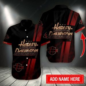 Custom Name Harley-Davidson Logo Hawaiian Shirt with Bold Red Stripes and Retro Design