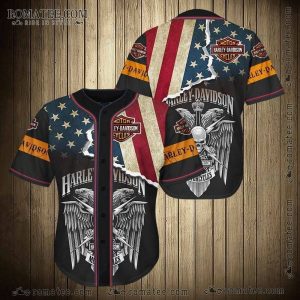 Eagle Winged Skull Sword Harley Davidson American Flag Baseball Jersey Shirt