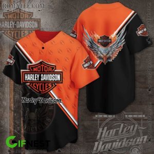 Flaming Eagle Winged Skull Harley Davidson Black Orange Baseball Jersey Shirt