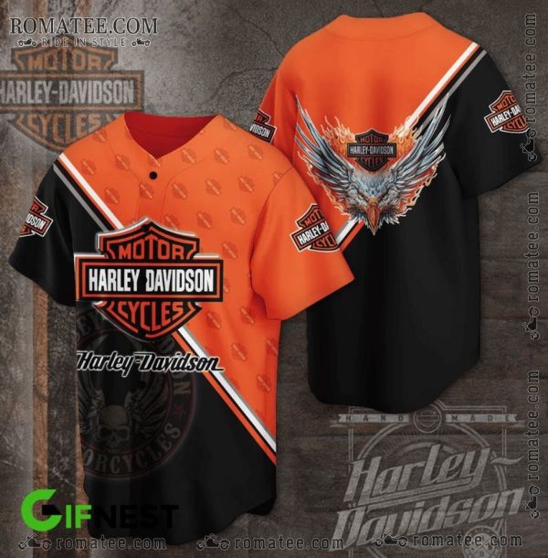 Flaming Eagle Winged Skull Harley Davidson Black Orange Baseball Jersey Shirt