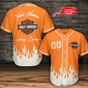 Flaming Orange Harley Davidson Custom Name & Number Baseball Jersey with Bold Flames Design