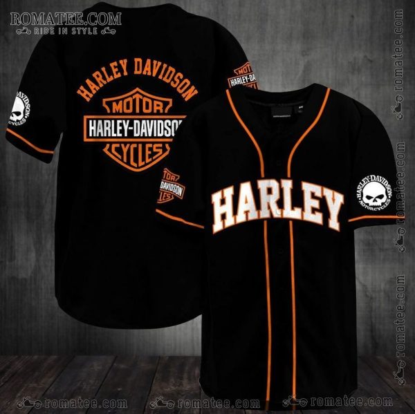 Harley Davidson Black Baseball Jersey with Bold Orange Graphics and Skull Motif