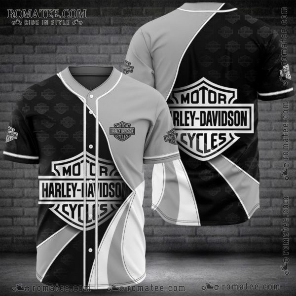 Harley Davidson Black and Grey Graphic Baseball Jersey with Bold Logo Design