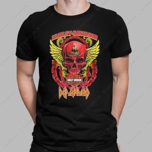 Harley Davidson Def Leppard Skull Wings Graphic Tee Red Yellow Chain Design