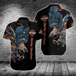 Harley-Davidson Eagle Graphic Hawaiian Shirt with Vintage Motorcycle Art and Bold Colors