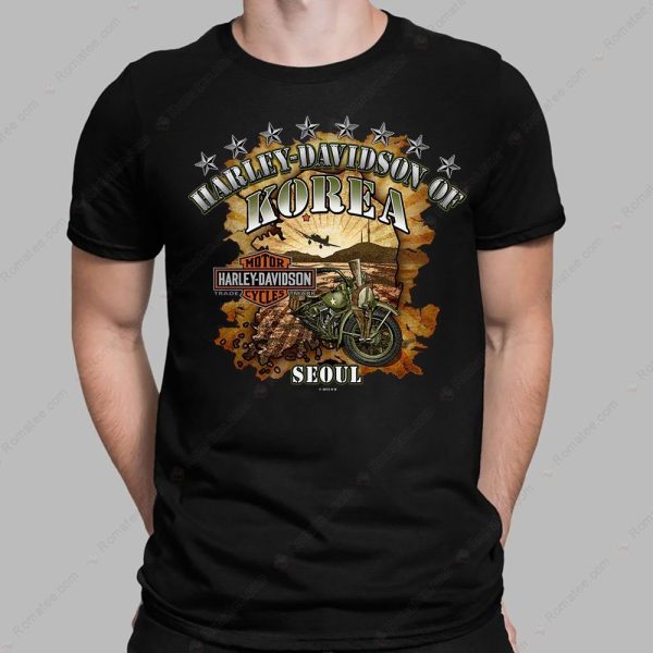 Harley-Davidson Korea Seoul Vintage Motorcycle Graphic T-Shirt with Retro Bike Art