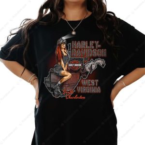 Harley Davidson Pin-Up Girl West Virginia T-Shirt with Vintage Motorcycle Art