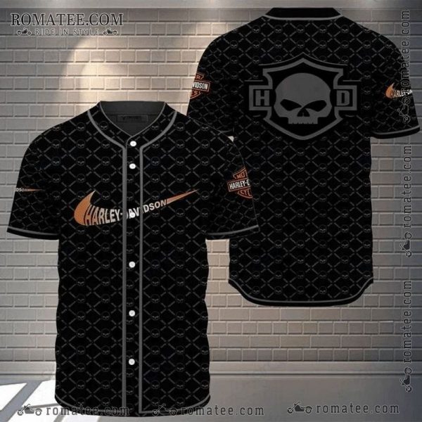 Harley-Davidson Skull Graphic Baseball Jersey Shirt with Bold Nike Logo Design