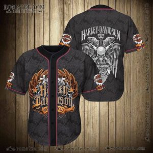 Harley-Davidson Skull Wings Baseball Jersey Shirt with Vintage Motorcycle Art Design