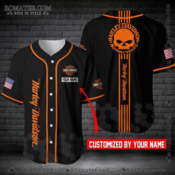 Harley Davidson Willie G Skull Custom Name Black Orange Baseball Jersey Shirt