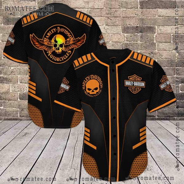 Harley Davidson Winged Skull Baseball Jersey Shirt – Black and Orange Motorcycle Apparel