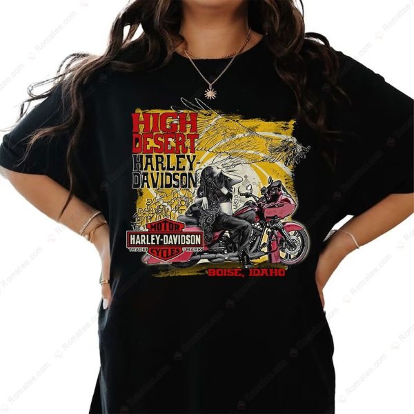 High Desert Harley-Davidson Pin-Up Girl Tee with Vintage Motorcycle Artwork, Boise ID Design