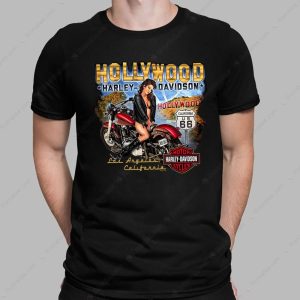 Hollywood Pin-Up Girl Harley-Davidson T-Shirt with Classic Motorcycle Art, California Theme