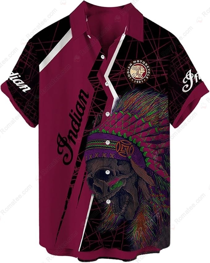 Indian Motorcycle Skull Headdress Hawaiian Shirt - Tribal Art, Vintage Style, Bold Colors
