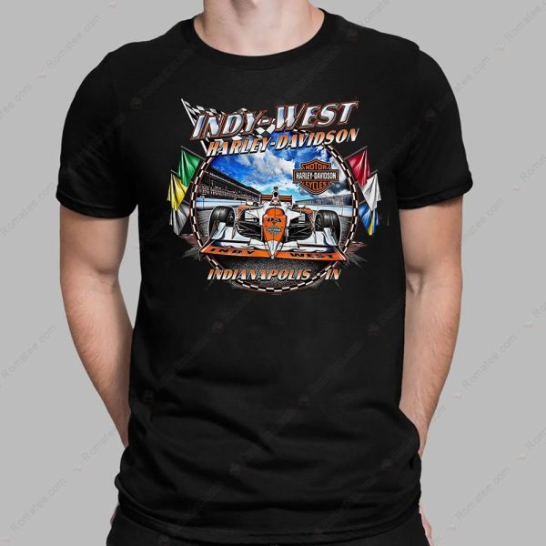 Indy West Harley-Davidson Racing T-Shirt with Vintage Indianapolis Art and Bold Graphics