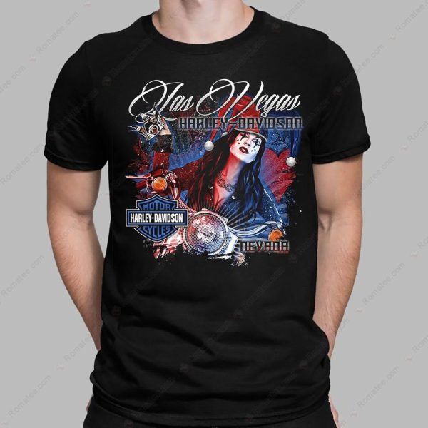 Las Vegas Harley-Davidson Jester Girl Graphic Tee with Bold Artwork and Motorcycle Theme