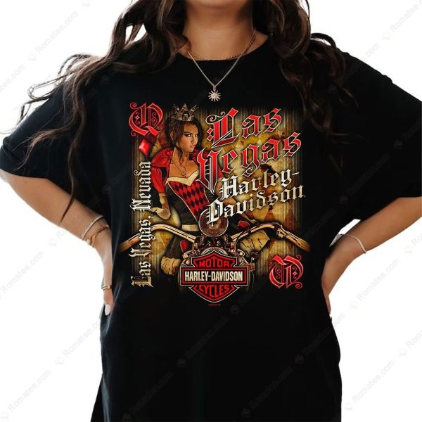 Las Vegas Harley-Davidson Pin-Up Girl Graphic Tee with Retro Checkerboard Design