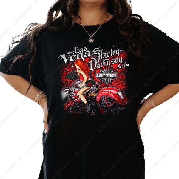 Las Vegas Harley-Davidson Pin-Up Girl Graphic Tee with Vintage Motorcycle Art