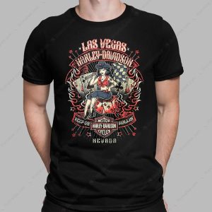 Las Vegas Pin-Up Girl Harley-Davidson Motorcycle T-Shirt with Vintage Casino Art