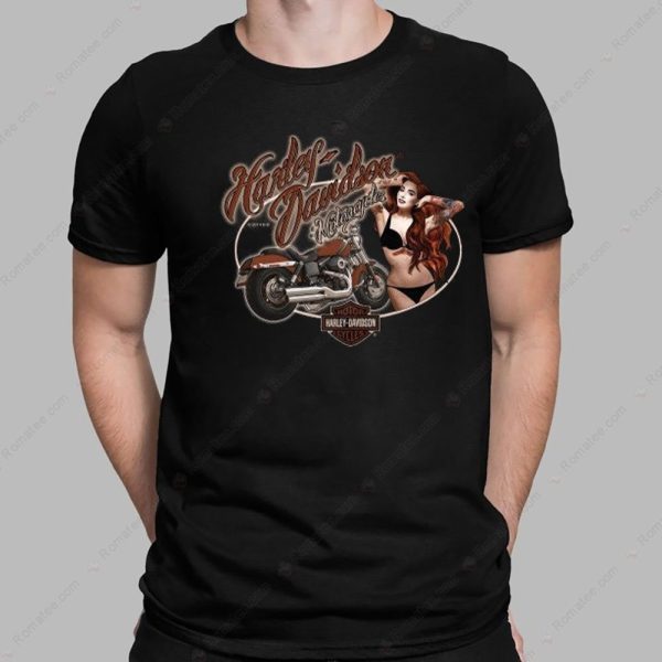 Pin-Up Harley-Davidson Motorcycle Graphic T-Shirt with Retro Biker Girl Art