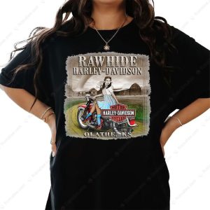 Rawhide Harley-Davidson Pin-Up Girl Graphic Tee with Vintage Motorcycle Art