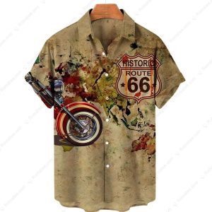Route 66 Motorcycle Vintage Art Hawaiian Shirt with Retro Bike Design and Colorful Background