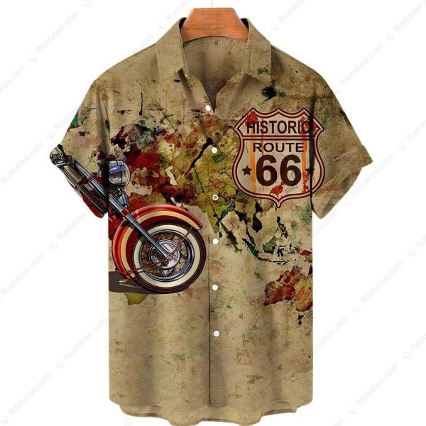 Route 66 Motorcycle Vintage Art Hawaiian Shirt with Retro Bike Design and Colorful Background