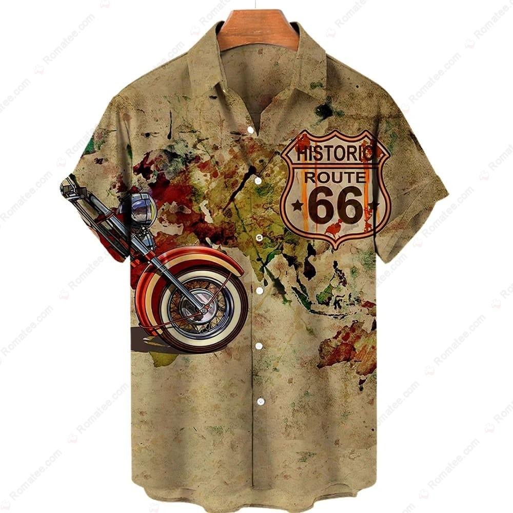 Route 66 Motorcycle Vintage Art Hawaiian Shirt with Retro Bike Design and Colorful Background