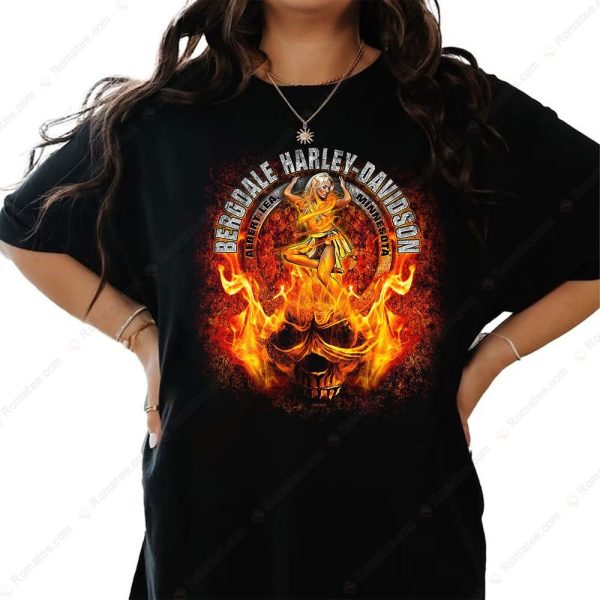 Skull Flames Pin-Up Girl Bergdale Harley-Davidson Biker T-Shirt Vintage Motorcycle Art