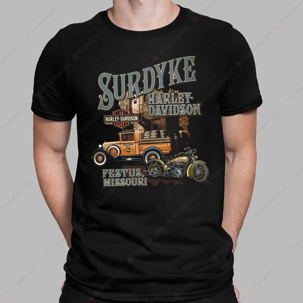 Surdyke Harley-Davidson Vintage Truck Motorcycle Graphic Tee Festus Missouri Surdyke Harley-Davidson Vintage Truck Motorcycle Graphic Tee Festus Missouri