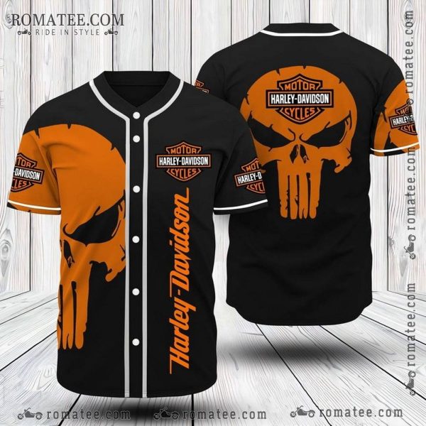 The Punisher Skull Harley Davidson Baseball Jersey Shirt – Black Orange Graphic Design