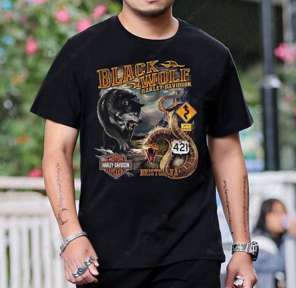 Black Wolf Harley-Davidson Tail of the Dragon Graphic Tee with Vintage Bear and Route 421 Design