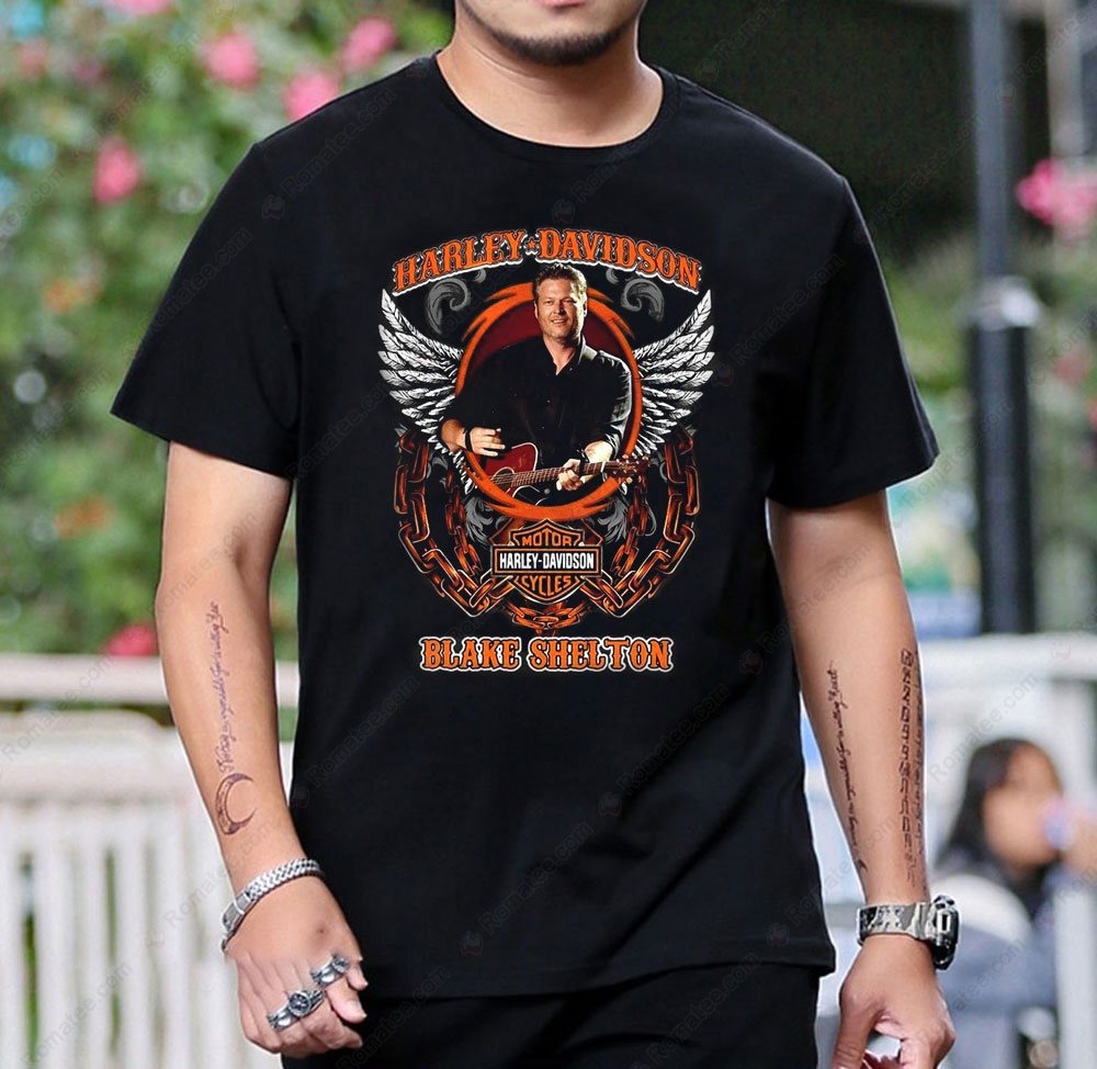 Blake Shelton Harley-Davidson Wings Graphic T-Shirt with Guitar and Eagle Design Blake Shelton Harley-Davidson Wings Graphic T-Shirt with Guitar and Eagle Design
