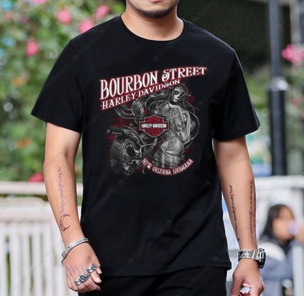 Bourbon Street Harley-Davidson Pin-Up Tattoo Graphic T-Shirt New Orleans Motorcycle Art