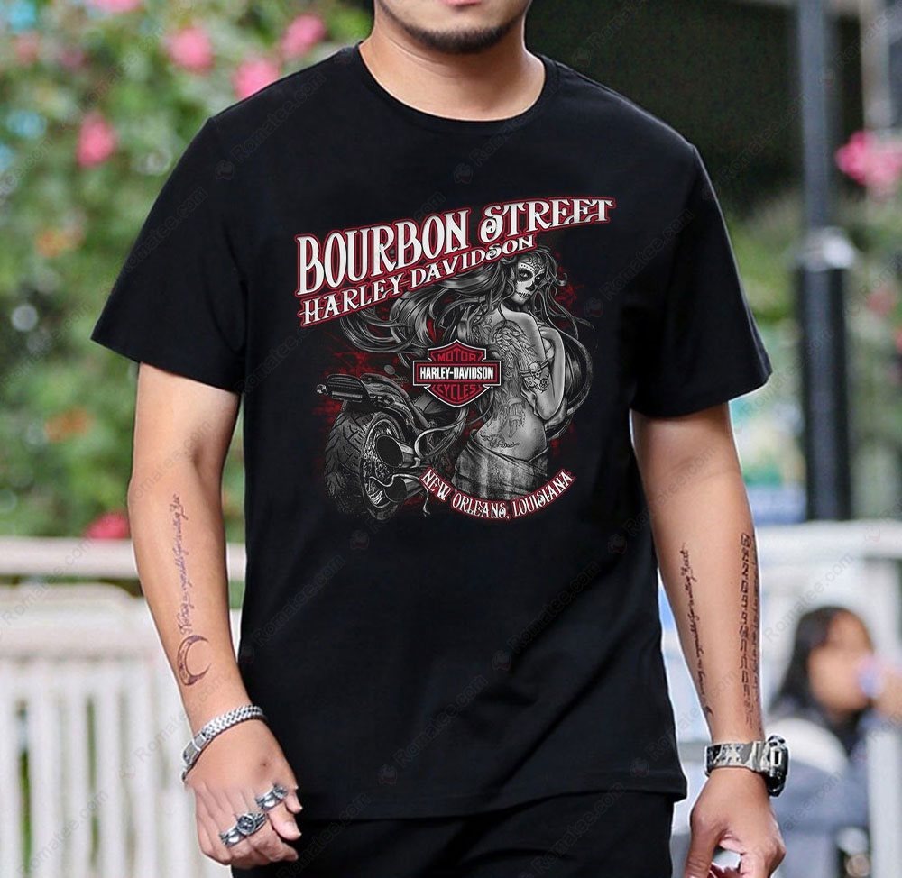 Bourbon Street Harley-Davidson Pin-Up Tattoo Graphic T-Shirt New Orleans Motorcycle Art Bourbon Street Harley-Davidson Pin-Up Tattoo Graphic T-Shirt New Orleans Motorcycle Art