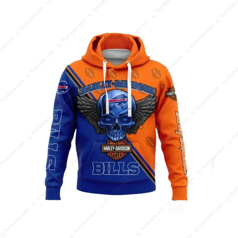 Buffalo Bills Harley-Davidson Skull Wing Graphic Hoodie for Fans Buffalo Bills Harley-Davidson Skull Wing Graphic Hoodie for Fans