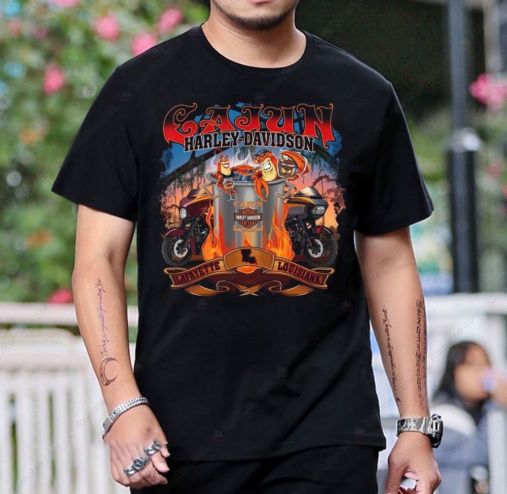Cajun Harley-Davidson Crawfish Festival Biker T-Shirt with Flames and Louisiana Art Cajun Harley-Davidson Crawfish Festival Biker T-Shirt with Flames and Louisiana Art