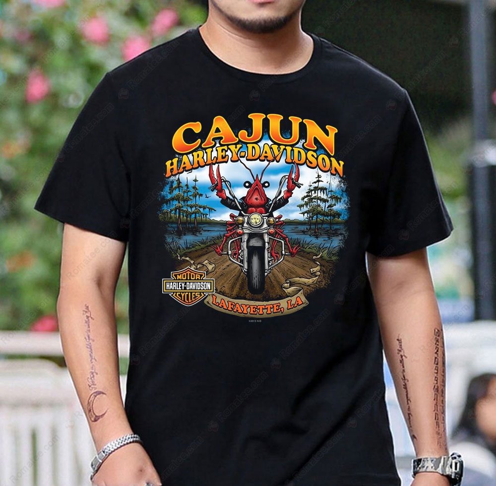 Cajun Harley-Davidson Motorcycle Art T-Shirt with Louisiana Theme and Bold Graphics Cajun Harley-Davidson Motorcycle Art T-Shirt with Louisiana Theme and Bold Graphics