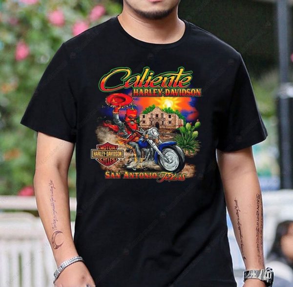 Caliente Harley-Davidson San Antonio T-Shirt with Vintage Motorcycle and Southwestern Art