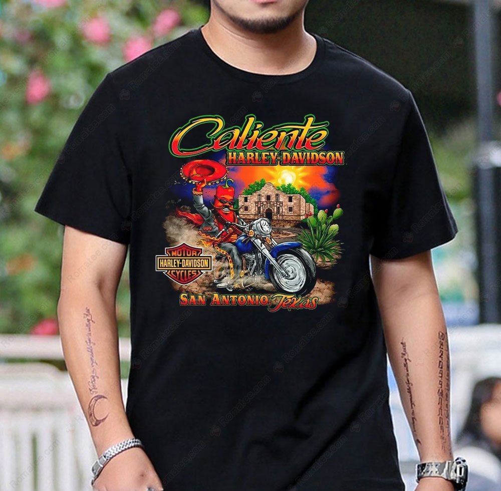 Caliente Harley-Davidson San Antonio T-Shirt with Vintage Motorcycle and Southwestern Art Caliente Harley-Davidson San Antonio T-Shirt with Vintage Motorcycle and Southwestern Art