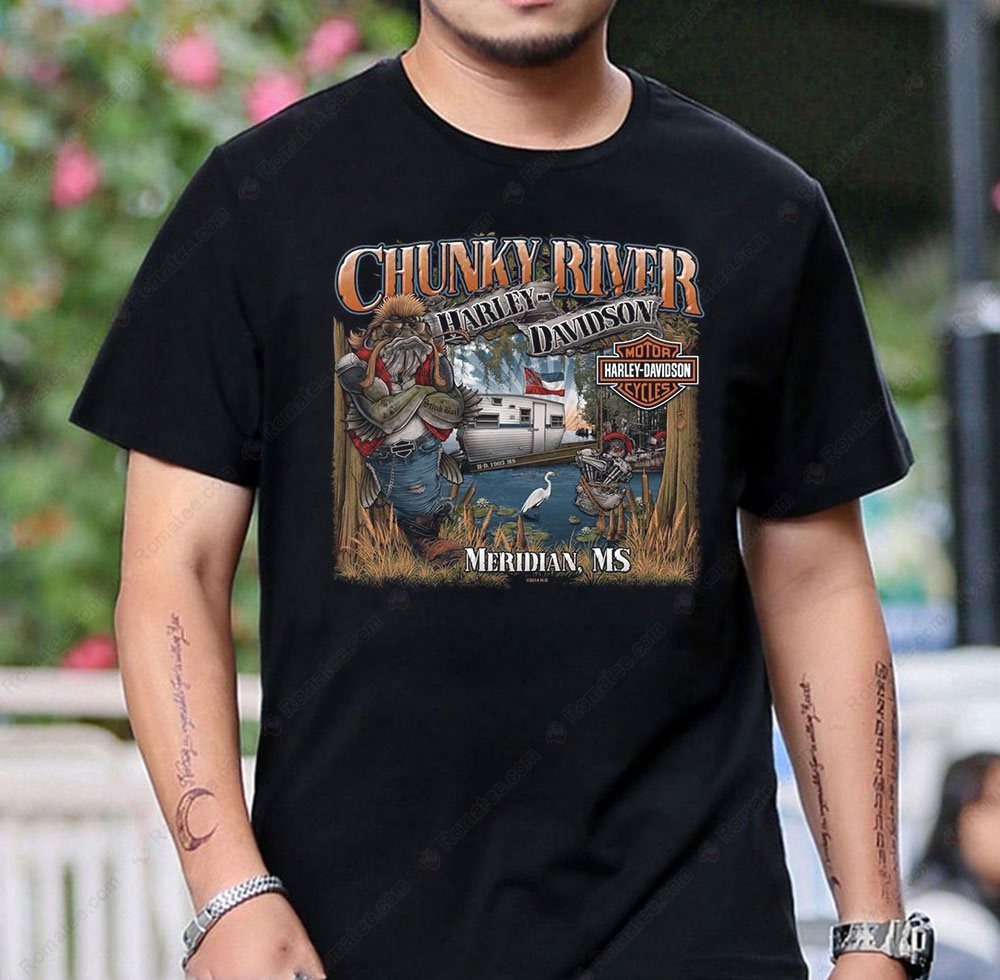 Chunky River Harley-Davidson Catfish Biker Tee with Vintage Fishing Art, Meridian MS Design Chunky River Harley-Davidson Catfish Biker Tee with Vintage Fishing Art, Meridian MS Design