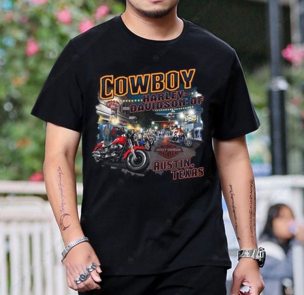 Cowboy Harley-Davidson Austin Texas Vintage Motorcycle Graphic T-Shirt for Bikers