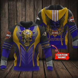 Custom Baltimore Ravens Harley Davidson Skull 3D Hoodie with Bold Graphics and Team Spirit