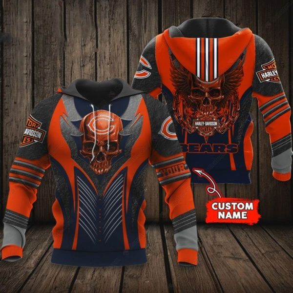 Custom Chicago Bears Harley Davidson 3D Hoodie with Skull and Winged Design