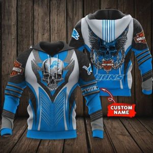 Custom Detroit Lions Harley Davidson Skull 3D Hoodie with Winged Design and Bold Colors