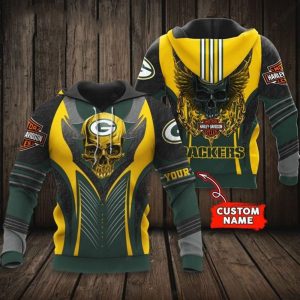 Custom Green Bay Packers Harley Davidson Skull 3D Hoodie with Personalized Name Design